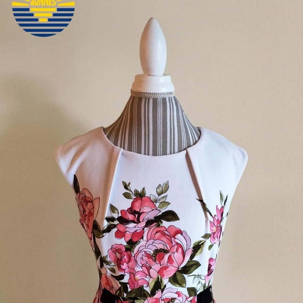 CONNECTEL Black & Cream Floral Sleeveless Dress.
